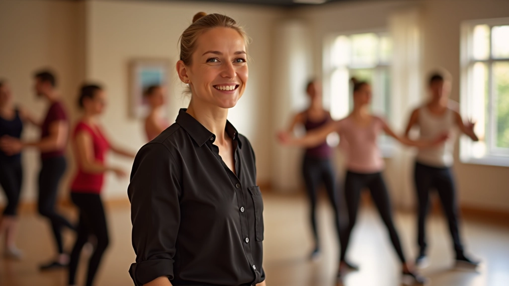 Instructor teaching dance fundamentals to small group of beginner students in bright, modern studio space