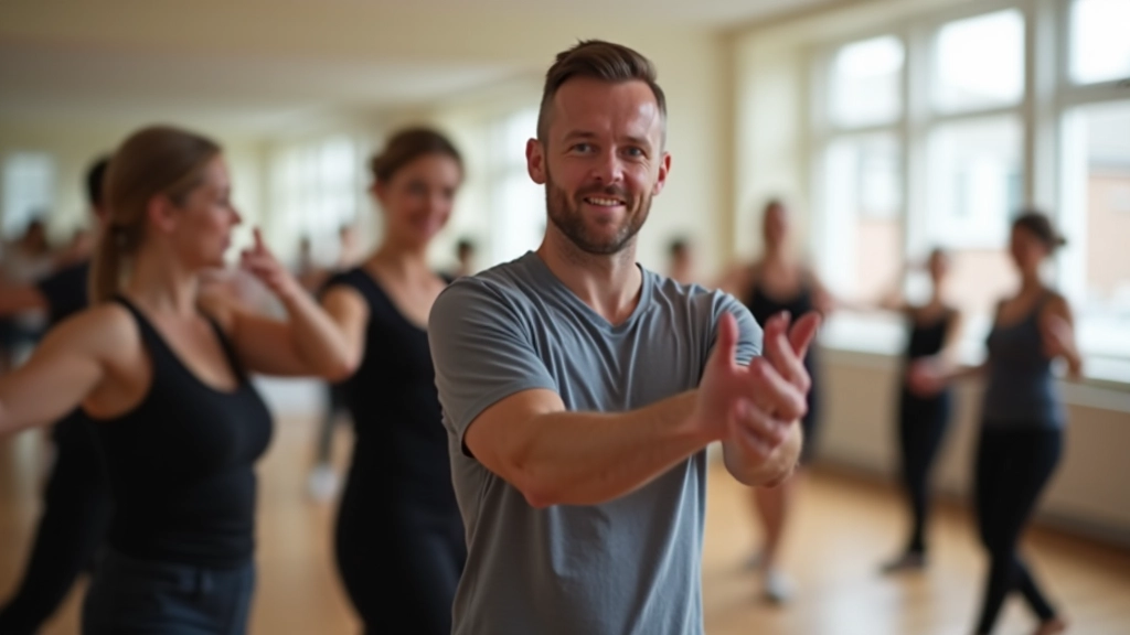 Instructor demonstrating a dance move to an attentive group of beginner students