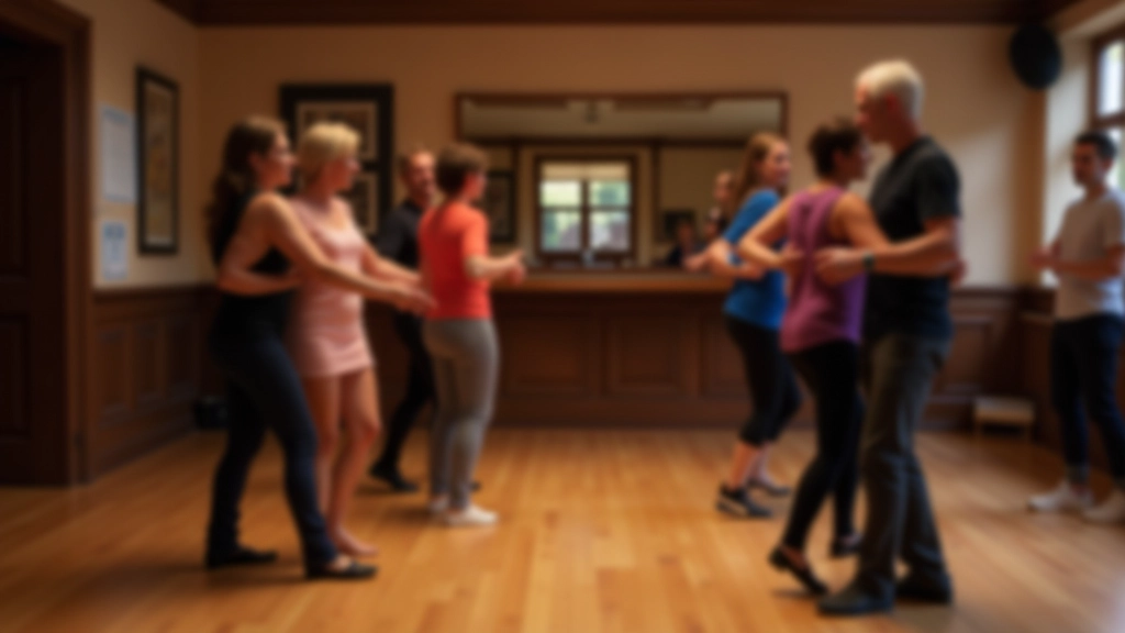 Dance studio interior with multiple students and instructor during a group class