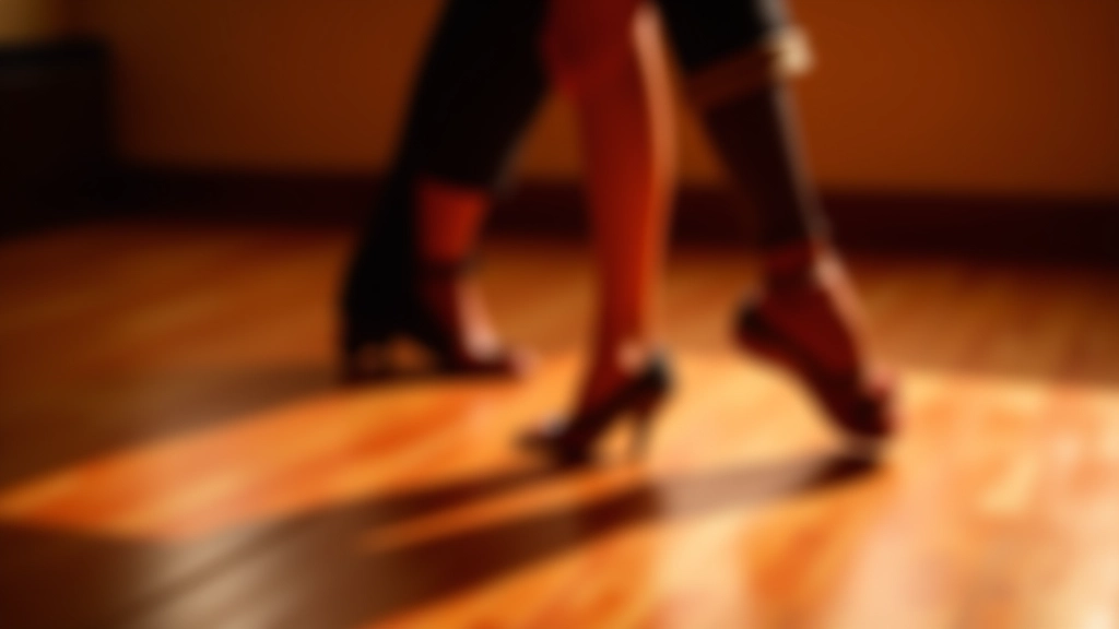 Close-up of feet performing salsa footwork steps on a polished dance floor in proper timing
