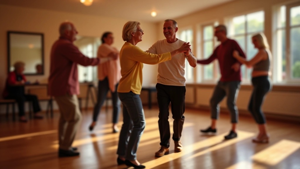 Group of mature adults enjoying a bachata class together in a welcoming dance studio