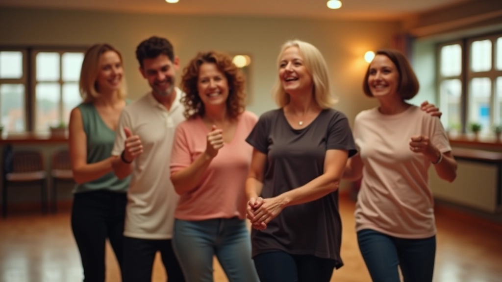 Group of mature adults dancing together with elevated heart rates and visible energy