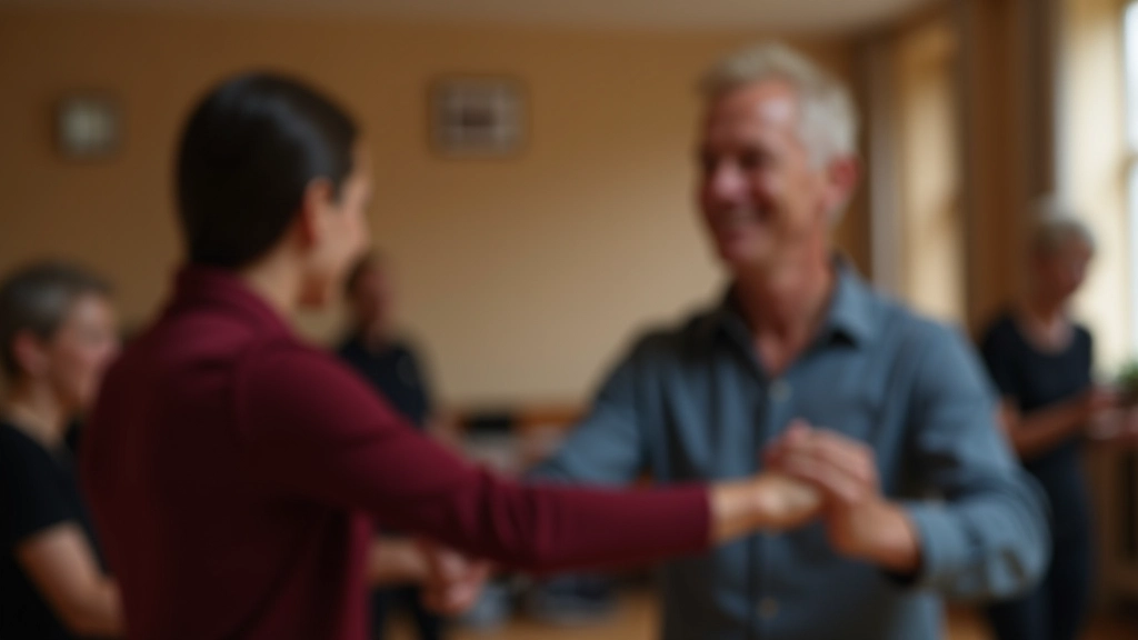 Dance instructor demonstrating proper technique to a group of attentive mature students