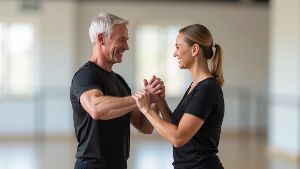 Instructor and student demonstrating dance coordination with focused attention and connection