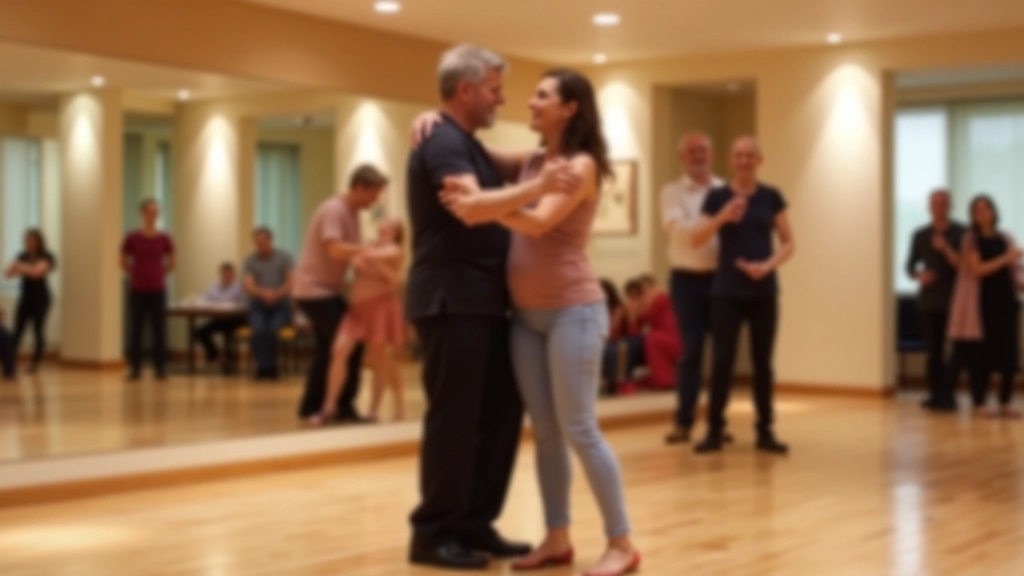 Mature adults dancing together in a bright dance studio with wooden floors and mirrors