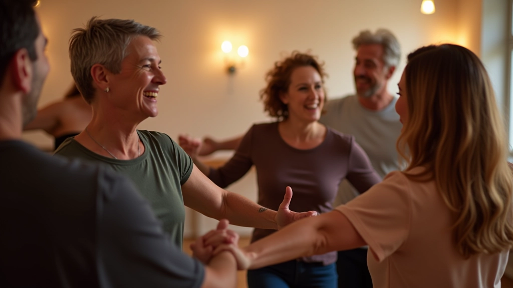 Group of mature adults enjoying social dancing in a bright studio environment