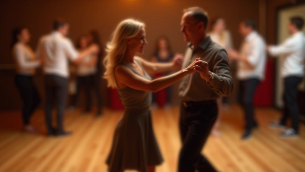 Energetic couple performing salsa dance with hand raised in a studio setting